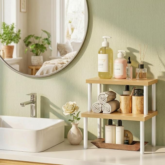 HOOBRO Cabinet Organizer Shelf, kitchen countertop organizer, Kitchen Storage, Spice Rack for cabinet, Stackable, Expandable, for Countertop,kitchen,cabinet, White and Natural WN15TL01 - Image 5
