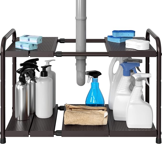 Simple Houseware Under Sink 2-Tier Heavy Duty Expandable Organizer, Bronze | Adjustable Width 15.75–25 Inches with 4 Shelf Height Levels by SimpleHouseware