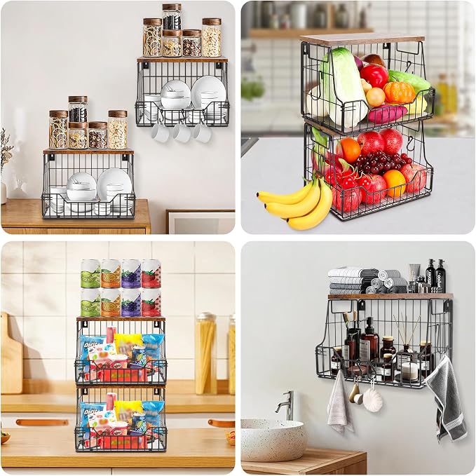 Livabber Fruit Basket for Kitchen, Metal Fruit Vegetable Storage Bin with 2 Banana Hangers, Countertop Wire Basket Organizer for Snack Potato Onion, Screw Mounted or Stand (Black, 2 Pack) - Image 8