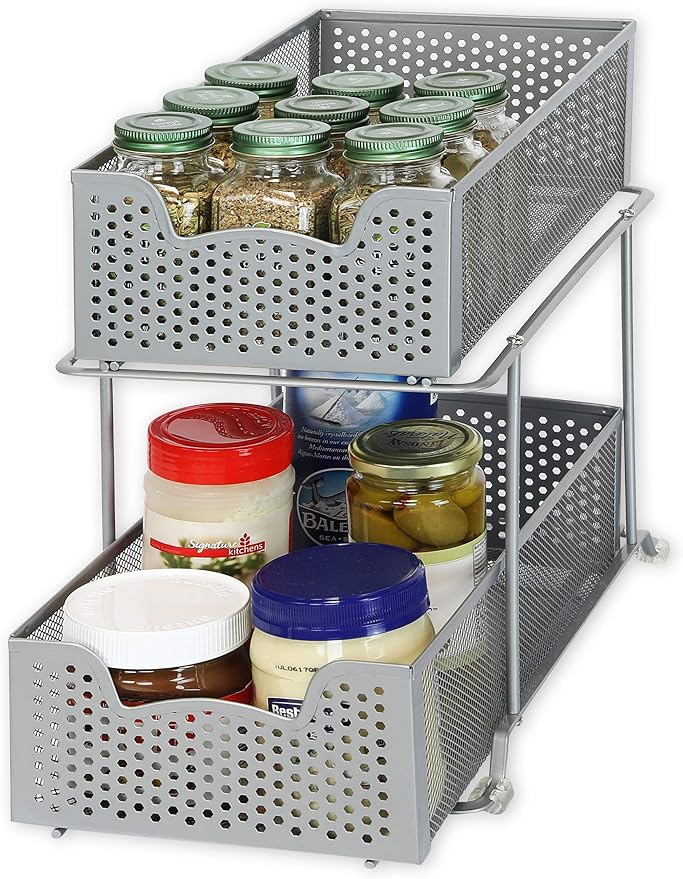 SIMPLE HOUSEWARE 2 Tier Sliding Cabinet Basket Organizer Drawer, Silver by SimpleHouseware