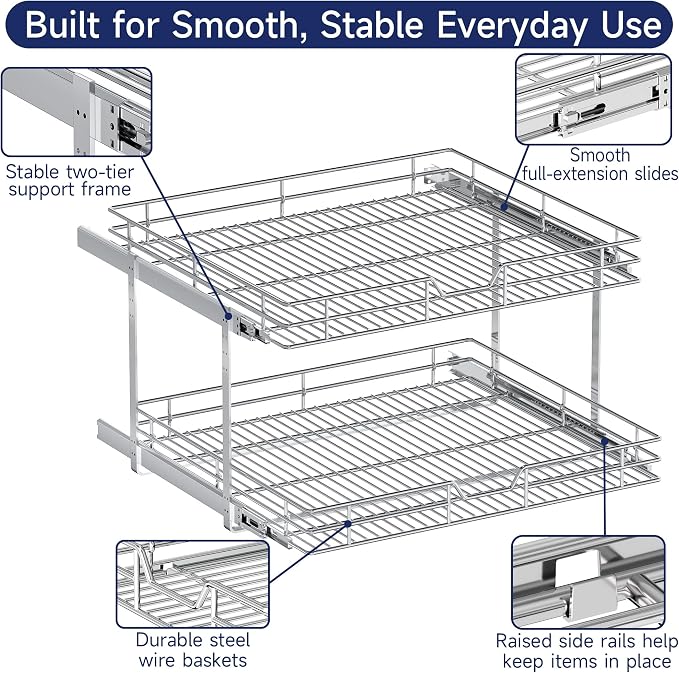 2-Tier Pull Out Cabinet Organizer, 27" W x 21.5" D, Heavy Duty Dual Slide Out Shelves for Wide Base Cabinets, Chrome Wire Basket Drawer for Pots, Pans, Pantry & Cleaning Supplies - Image 5