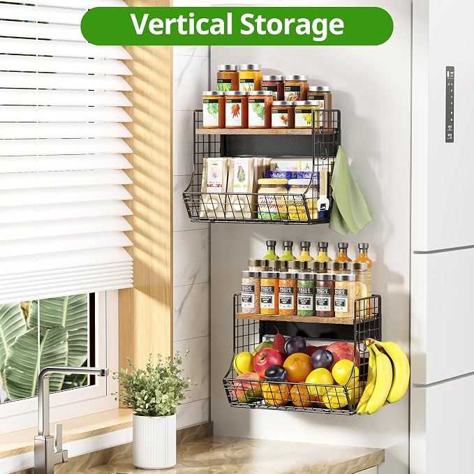 Magnetic Shelf for Fridge with Wood Lid, Fruit Potato and Onion Storage Bins, Pantry Organizers and Storage, Strong Magnetic Spice Rack for Refrigerator, Kitchen Counter and Laundry Room (X-Large) - Image 4