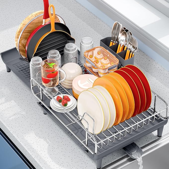 NTD Expandable Dish Drying Rack for Kitchen Counter, 16.7"-26.8", Gray | Large Multifunctional Dish Drainers, Anti-Rust, with Cutlery & Cup Holders, Self-Draining Drainboard, FIts for 4-5 People - Image 9