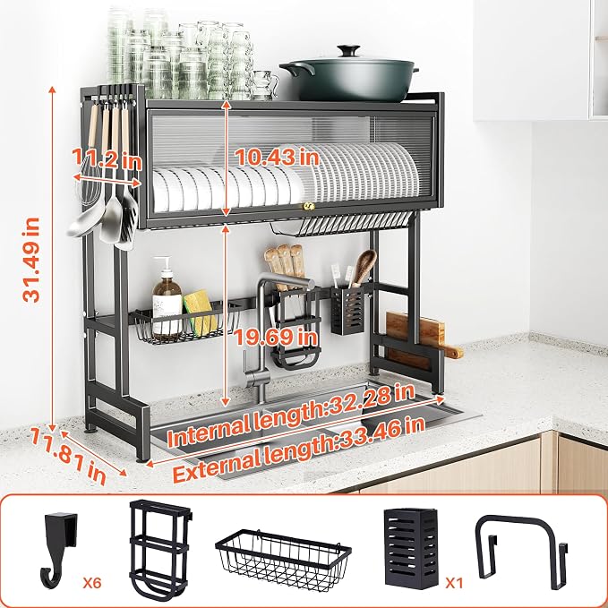Over The Sink Dish Drainer Drying Rack 3 Tiers with Cover, Keep Kitchen Sink Shlef Organized Space-Saving Dish Drying Rack, Large Stainless Steel Sink Drying Rack for Dishes, Bowls, Cutlery (33.4"W) - Image 6