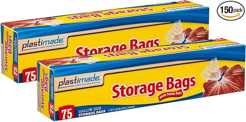 1 Gallon Storage Bags With Twist Ties, Clear Plastic, 150 Count | Roomy 11 x 12.5 in baggies for produce, snacks, freezer & pantry; flexible, tear resistant & easy to fill for meal prep by PlastiMade