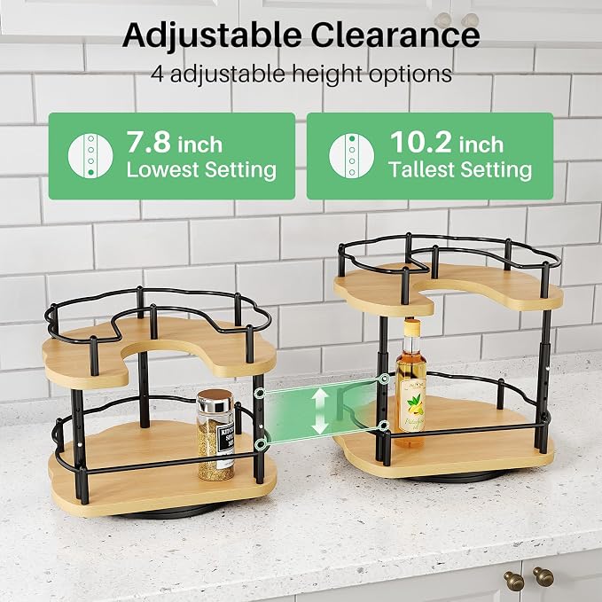 SNTD Lazy Susan Spice Rack Organizer for Cabinet, Wood, Natural, 9 in | Rotating Turntable, Height Adjustable, Space-Saving D-Shape Design, Revolving Spice Storage for Kitchen Countertop Pantry - Image 6