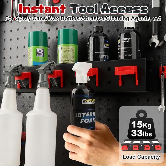 Spray Bottle Holder, 2 Pack Wall Mount Car Detailing Can Holder Spray Rack | Heavy-Duty Carbon Steel Auto Detail Spray Bottle Organizer, Spray Can Holder with Hooks for Garage Workshop Van Shed Storage - Image 7