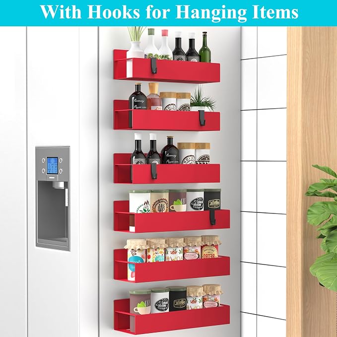 Metal Magnetic Spice Rack for Refrigerator Red, 6 Pack | Magnetic Shelves Heavy Duty for Fridge in Kitchen, Seasoning Storage Organizer, For Oven Washer and Dryer, For Heavier Items - Image 2