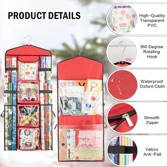 Christmas Wrapping Paper Organizer Storage, Hanging Gift Bag Storage Organizer, Double-Sided Wrapping Paper Holder Storage - Red - Image 3