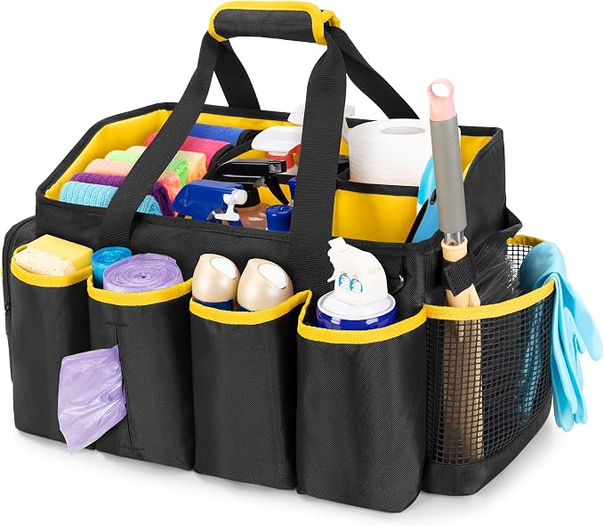PGmoon Extra-Large Cleaning Caddy Organizer Bag with Handle | Cleaning Supply Tote Bag Built-in Support Boards for Car, Home, Housekeeping Work, Kitchen Cleaning Supplies by PGmoon