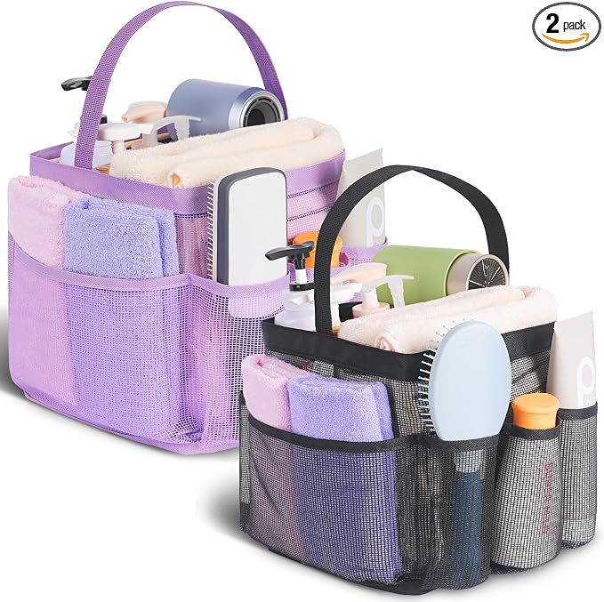 EUDELE 2 Pack Mesh Shower Caddy Portable for College Dorm Room Essentials, Shower Caddy Dorm with 9-Pocket Large Capacity,Shower Bag for Beach,Swimming,Gym All Black+All Pink by EUDELE