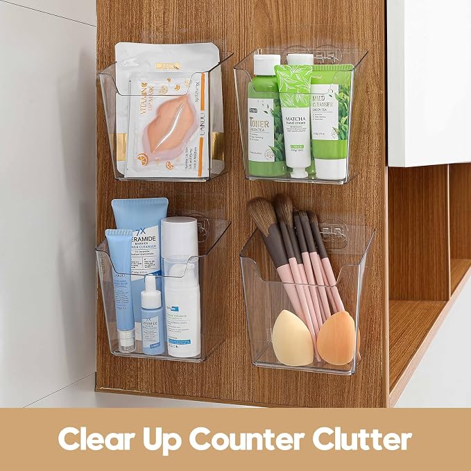 Clear Acrylic Pen Holder, 6 Pack Cabinet Door Organizer Adhesive, Bathroom Wall Mount Caddy Kitchen Plastic Storage Bin Box for Office Marker,Art Supply, Small Cleaning Supply, Seasoning Drink Packet - Image 6