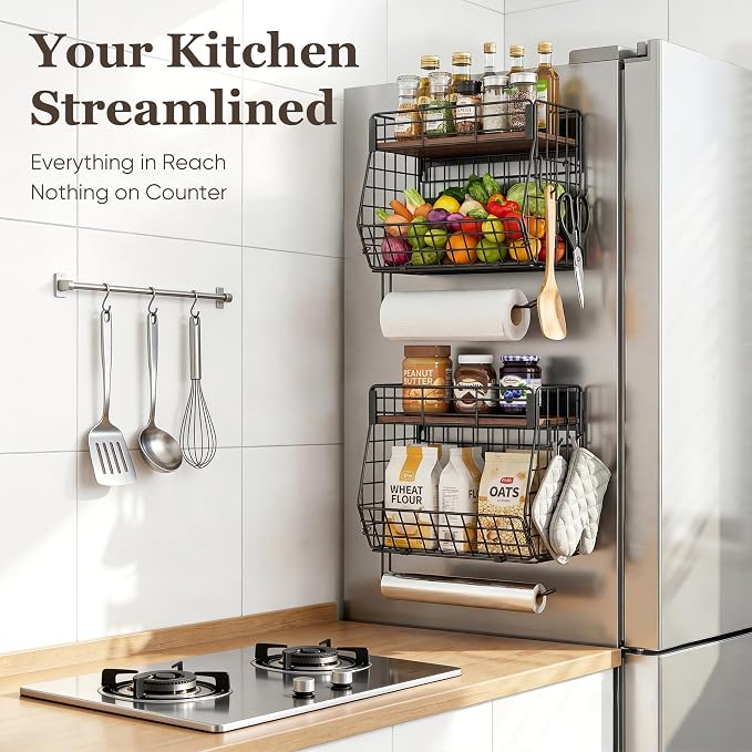 2 Pack Magnetic Spice Rack for Fridge with Paper Towel Holder andf 4 Hook | Fruit Basket Kitchen Storage and Organizer, Full‑Enclosed Magnetic Shelf 33 lbs for Laundry, Pantry, Coffee Bar and RV - Image 6