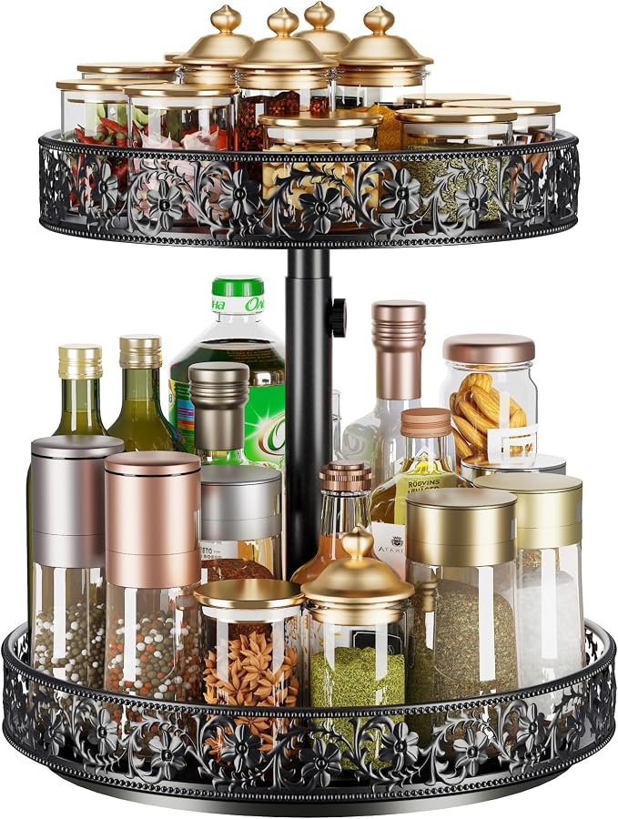 2 Tier Lazy Susan Organizer Turntable Height Adjustable, Black | 12 Inch Two Tier Lazy Susan,Metal Easy Assembly Spice Rack Organizer Rotating for Cabinet Dining Table Top Kitchen Countertop by HISKIWUU