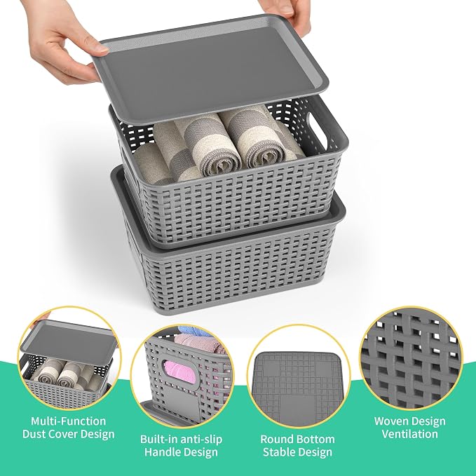 8 Pack Plastic Storage Baskets,Grey Stackable Bins with Lid | 5.3qt Storage Containers with Labels for Organizing Shelves Drawers Desktop Closet Playroom Classroom Office - Image 2