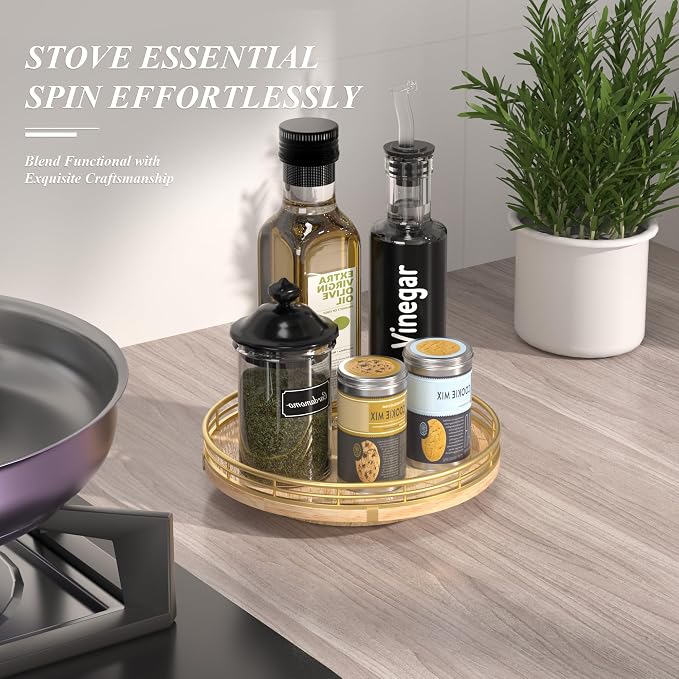 AMH 9-Inch Farmhouse Oak Lazy Susan Cabinet Organizer | Smooth rotating oak tray with walnut finish for dining tables, kitchen counters, pantries and cabinet storage. - Image 3