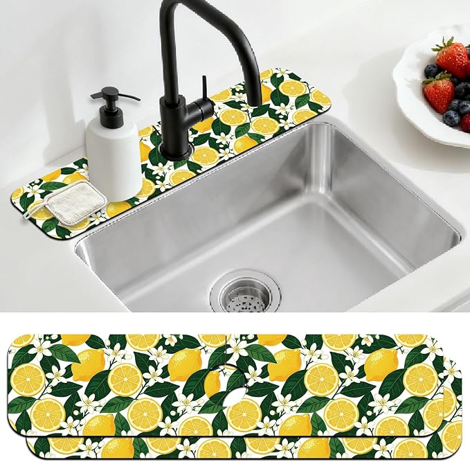 2 Pcs Kitchen Sink Splash Guard Faucet Mat Lemon Flowers and Leaves Pattern Faucet Mat for Sinks Flower Absorbing Drying Mats for Kitchen Bathroom by CONCHLERY%E6%97%97%E8%88%B0%E5%BA%97