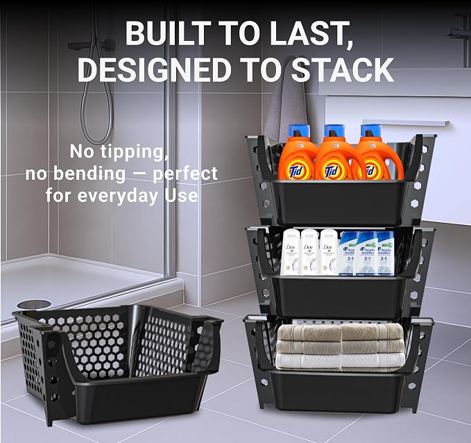 Skywin Stackable Storage Bins Open Front for Pantry Storage, 4 Pack - Black | Sturdy Plastic, Easy Stacking, Breathable & Open Front Design, Pantry Storage for Snacks, Toiletries, and Small Essentials - Image 7
