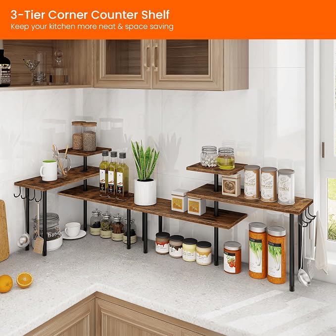 Kitchen Countertop Organizer - 3 Tier Corner Shelf, Bathroom Counter Organizer, Spice Rack, Coffee Bar, Over Sink, Rustic Brown - Image 3