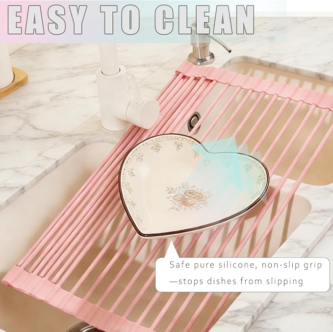 Roll up Dish Drying Rack Over the Sink, Silicone Wrapped Stainless Steel, 17" x 13", Pink, Heat Resistant, Foldable - Image 2