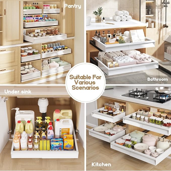 Seinloes Pull Out Cabinet Organizer, 4-Side Expandable to Fit Most Cabinets, 3 Rail Slide Out Drawers with Raising Pad for Framed & Frameless Cabinets, 13"-21" W x 13"-17" D, White, 2 Pack - Image 7