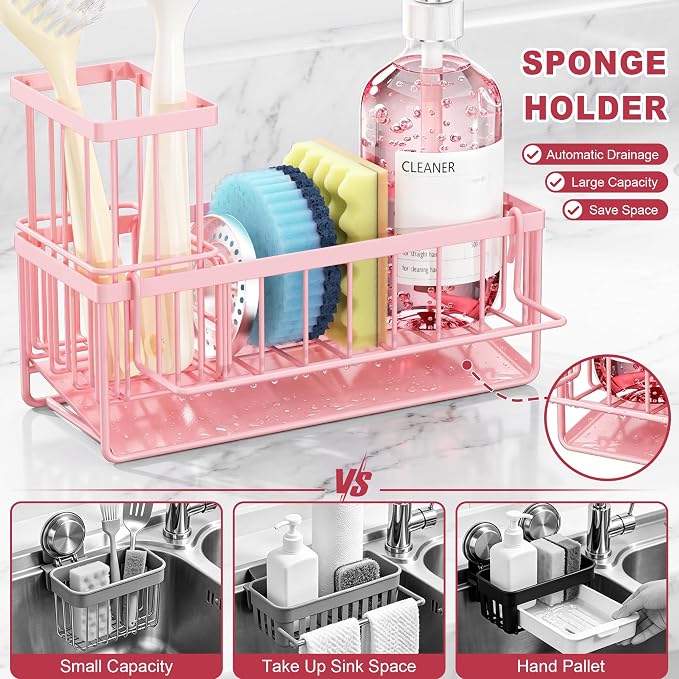 Sponge Holder for Kitchen Sink, Kitchen Sink Caddy, Kitchen Sink Sponge Holder, Dish Sponge Holder, Kitchen Sink Organizer for Sponge, Dish Brush, Scrubber(9.65" x 3.74" x 6.3", Pink) - Image 4