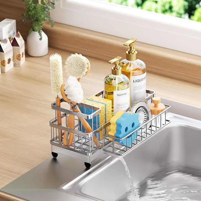 Consumest Sponge Holder for Kitchen Sink - Auto Draining Sink Caddy Organizer with Detachable Rack, High Brush Holder, Kitchen Countertop Storage Accessories, Silver-Extra Large - Image 8