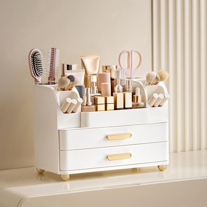HBlife Makeup Organizer for Vanity with Brush Holder, Large Bathroom Countertop Cosmetic Organizer Skin Care Storage, Easy to Store Lipsticks, Nail Polishes, Perfumes, Eyeshadow Palettes, All White - Image 2