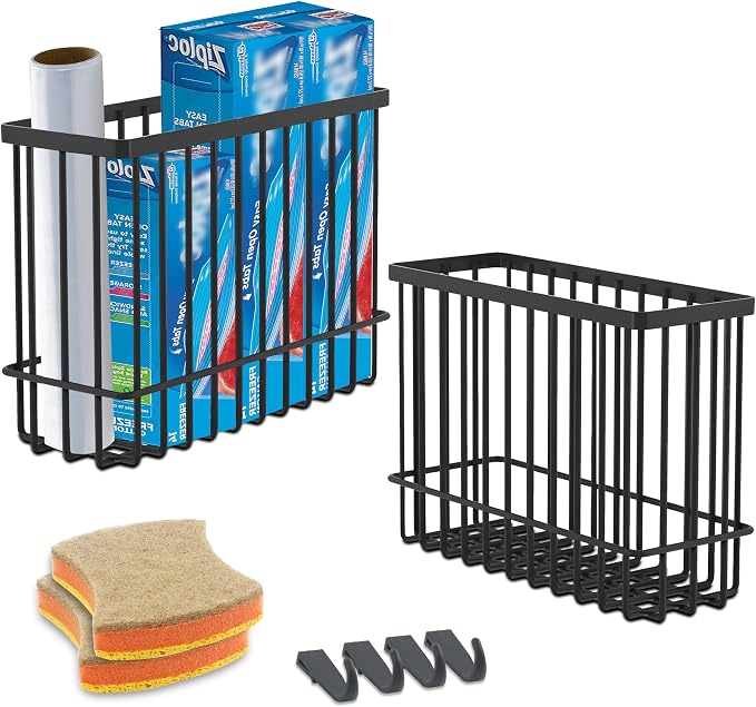 Wall Organizer Baskets, Lid Organizers Inside Cabinet with 2 Caddy Adhesive, Cabinet Door Organizer with 2 Sponges, 4 Hooks, Cabinet Door Storage for Foil Aluminum Roll, Black, 2 Pack (Small, Medium) by FHJP
