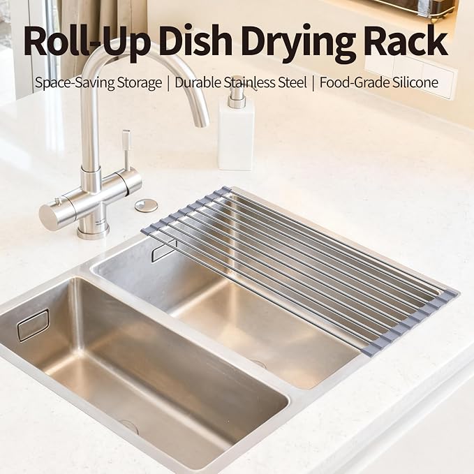Roll Up Dish Drying Rack for Over Sink -17.5"x11.8" Foldable Stainless Steel Kitchen Drainer，Gray - Image 2