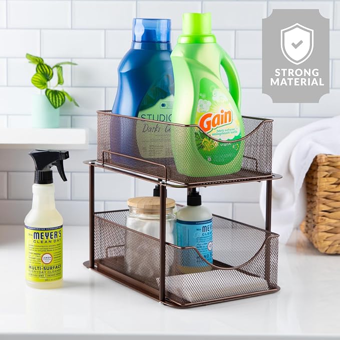 Sorbus 2 Tier Metal Under Sink Organizer for Bathroom, Kitchen, Strong Steel Mesh Sliding Drawers for Under Sink, Under Cabinet, Closet, Kitchen, Pantry, Bathroom Organizers and Storage (Brown) - Image 6