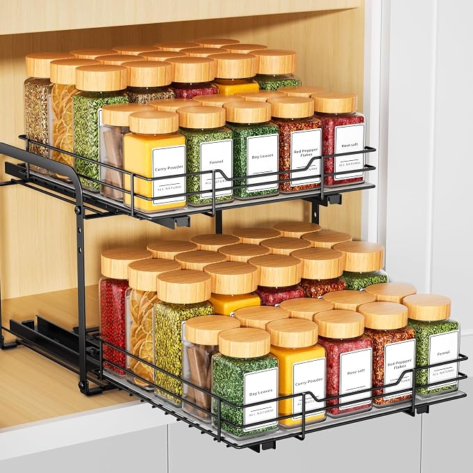 RCHYFEED 2 Tier Pull Out Spice Rack Organizer for Cabinet,11.5"Wx10.5Dx9.5H | Height Adjustable Spice Organization for Cabinet Metal Slide Out Spice Rack Heavy Duty Vertical Spice Rack for Cabinet,Pantry by RCHYFEED