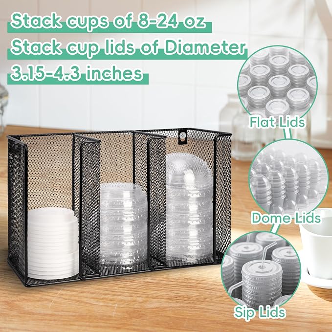 Wall Mount Coffee Cup Lid Holder Organizer 3 Compartments Coffee Cup Lid Dispenser Black Metal Mesh Disposable Cup and Lid Storage for 8-24 Oz Capacity Cup Lid Kitchen Restaurant Coffee Bar Office - Image 4