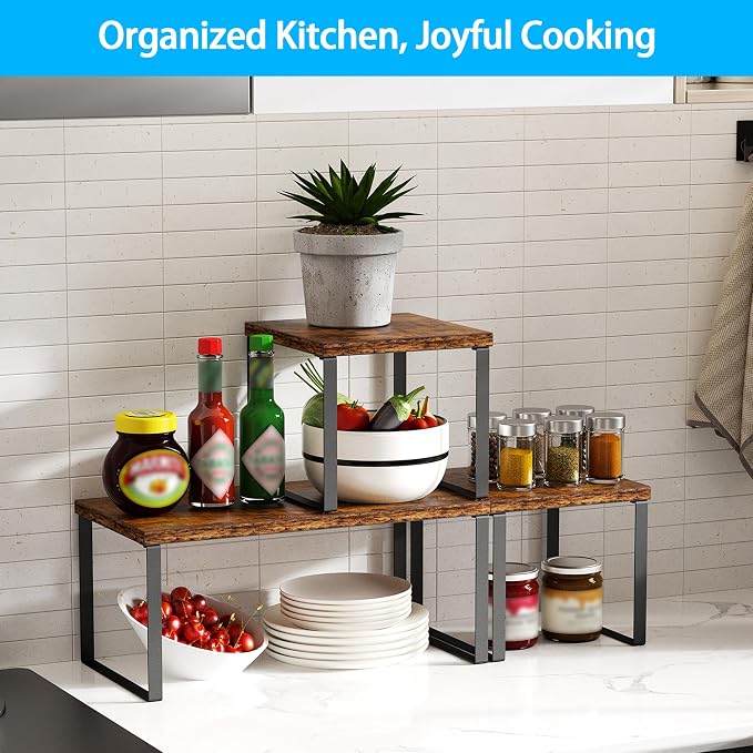 Golener Countertop Shelf, Kitchen Counter Organizer, Adjustable, Stackable | Kitchen Countertop Organizer, Spice Rack, 2-Tier Countertop Shelves, Corner Desk Shelf, Corner Counter Shelf, Rustic Brown - Image 3