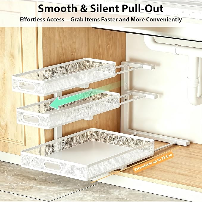 2 Pack Under Sink Organizer, 3-Tier Pull Out Kitchen Cabinet Organizer | 5 Adjustable Heights, Metal Slide Out Bathroom Storage, Makeup Drawer Rack for Bedroom Office Pantry Home Organization, White - Image 6