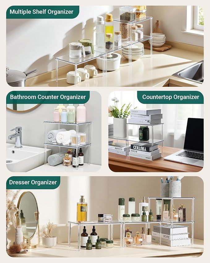 Acrylic Cabinet Organizer Set of 4, Stackable Spice Rack for Kitchen | Clear Shelf Organizer for Pantry, Cabinets, Countertops and Desks, Stackable Design Perfect for Spices and Small Items - Image 2