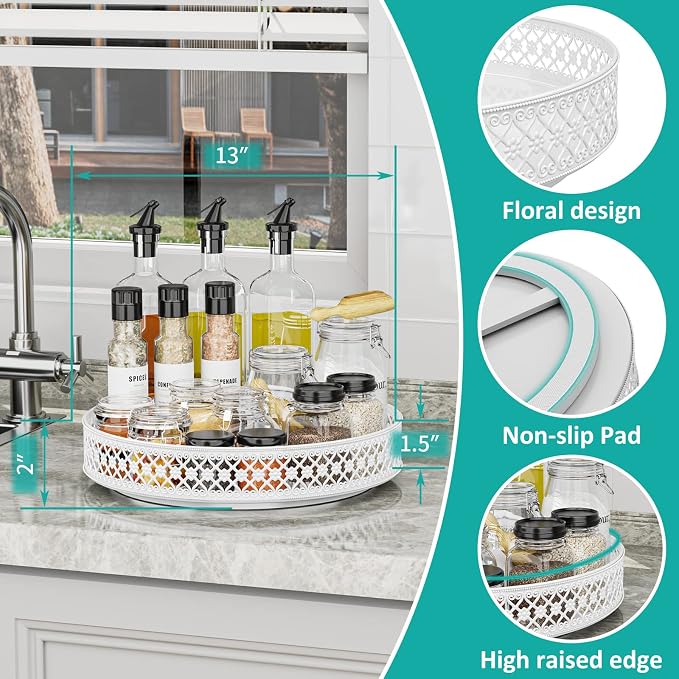 13 inch Lazy Susan Turntable - Metal Spice Organizer for Cabinet Table Top | 360° Smooth Rotating Tray White Lazy Susan with Rim for Dining Table, Pantry, Countertop, Kitchen, Bathroom Vanity Storage - Image 3