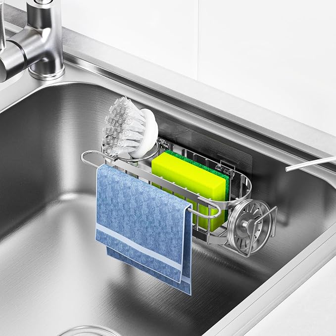 Cisily Kitchen Sink Caddy Sponge Holder in The Sink, Stainless Steel Kitchen Sink Organizer, Brush Holder, Dish Cloth Hanger, Sink Stopper Holder (Hanging-Silver) - Image 8