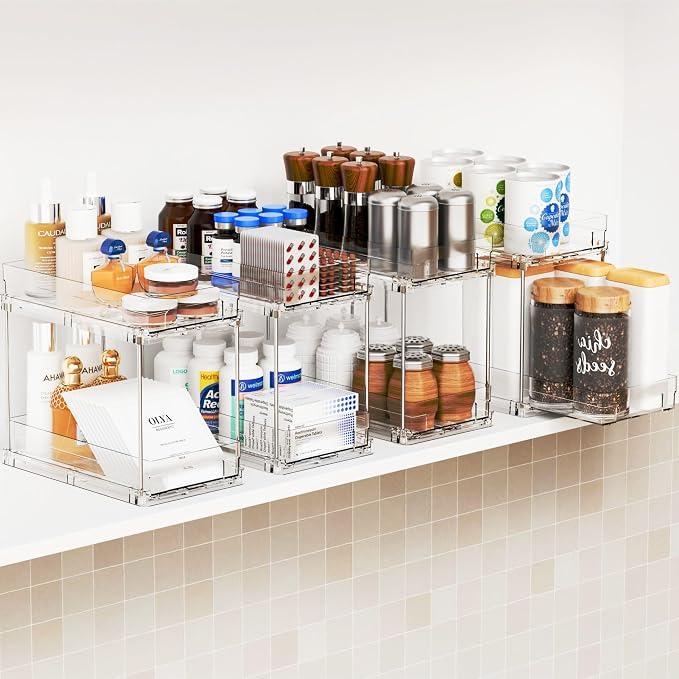 4 Set Bathroom Organizers and Storage,2 Tier Clear Under Sink Organizer and Medicine Cabinet Organizer for Kitchen,Pantry Storage,Pull Out Drawers for Skincare,Pill Bottle,Spice Organization - Image 7