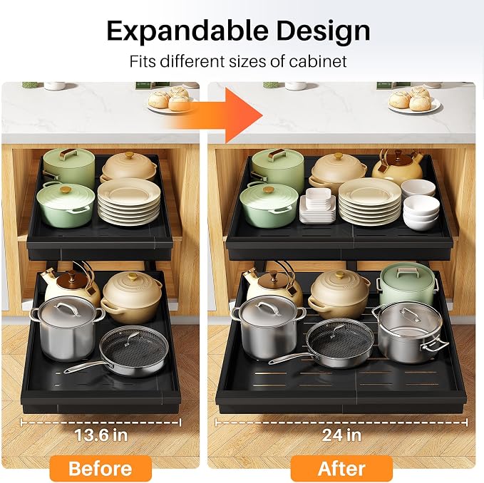 Pull out Cabinet Organizer, 4-Pack Expandable(13.6"-24") Silde out Drawers with Raising Pad for Framed Cabinets, Adjustable Full-Extension Roll out Shelves for Kitchen Pantry Home Pot and Pan(Black) - Image 9