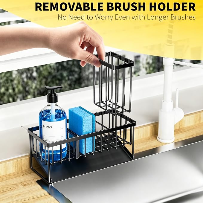 Cisily Sink Caddy Sponge Holder for Kitchen with Brush Holder and Stainless Steel Self Drain Tray, Rustproof Kitchen Sink Organizer for Sponge, Soap Dispenser Storage Accessories - Image 4