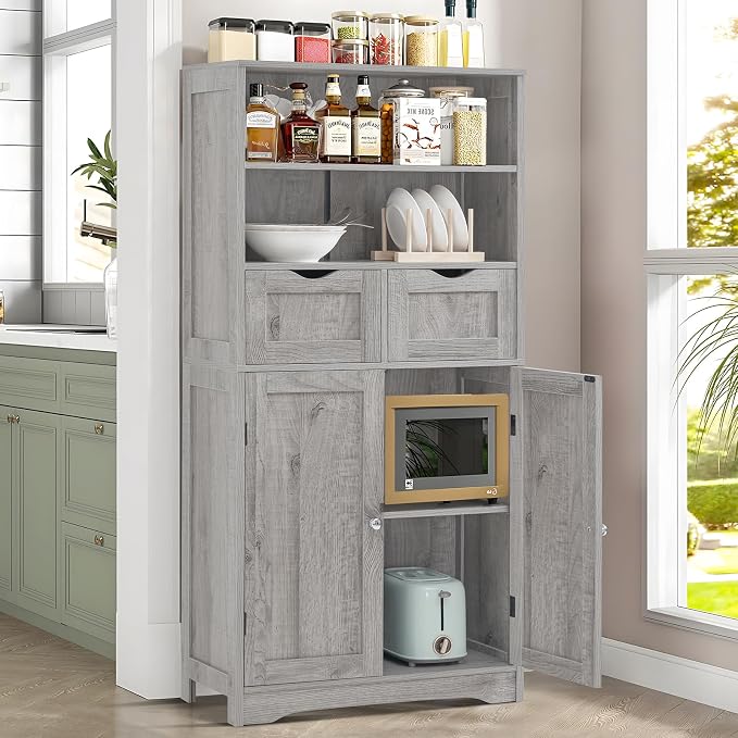 Iwell Storage Cabinet with 2 Drawers & Adjustable Shelf, Tall Bathroom Cabinet with Doors, Cupboard, Kitchen Cabinets for Living Room, Dining Room, Entryway, Grey - Image 4