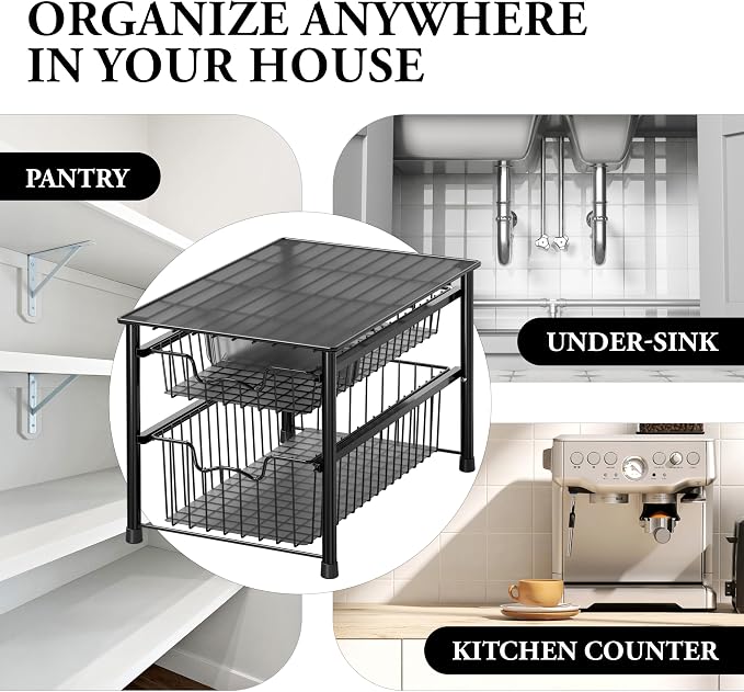 Simple Houseware Stackable Sliding Basket Organizer Drawer, Black, 2-Tier (Pack of 2) - Image 8