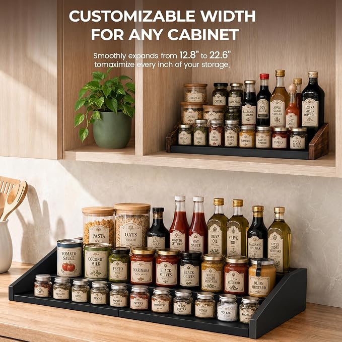 3-Tier Expandable Spice Rack Organizer, 12.8-22.6 in, Black | Adjustable, Countertop Stepped wood & iron Seasoning Organizer, Shelf for kitchen Cabinet Pantry Jars Bottles Syrup - Image 2