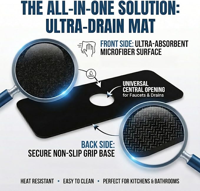 Cuttable Kitchen Sink Faucet Mat: 2PCS 24"Lx5.5"W DIY Splash Guard for Irregular Sink 2, 3 holes, Soap Dispenser & Air Gap - Bathroom Counter Protector Drip Catcher with Pre-Cut Center Hole, Black - Image 4