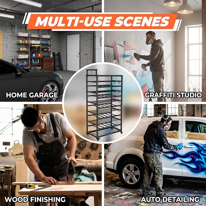Sidasu Spray Can Organizer,Rolling Cart Garage Spray Paint Storage Rack | 50-Can Capacity, Double-Sided Storage, Locking Casters, Powder-Coated Steel, Tool Tray With 6 Hooks, Garage and Workshop Use - Image 6