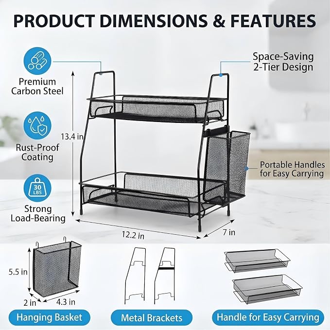2-Tier Bathroom Countertop Organizer,Skincare, Makeup Countertop Organizers, Kitchen, Bathroom Counter Storage with Small Basket (Black) - Image 2