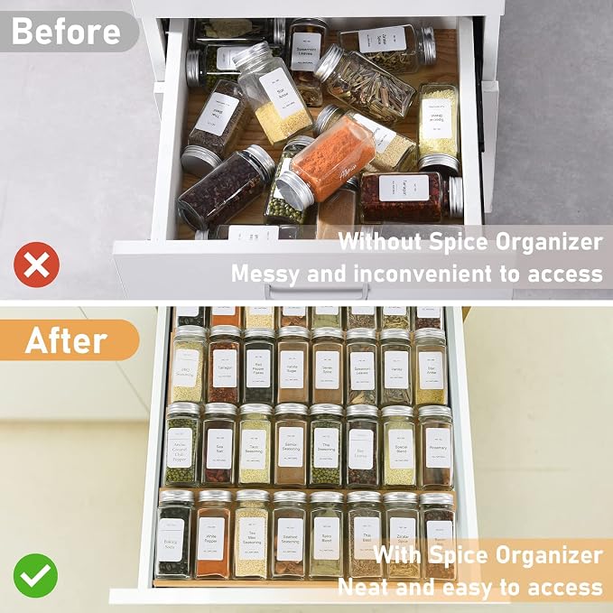 Spice Drawer Organizer with 20 Spice Jars,216 Labels,50 Non-slip Rubber, Bamboo 4 Tier Seasoning Rack Tray Insert for Kitchen Drawers,Cabinets,Countertop,9" Wide x 15.8" Deep - Image 6