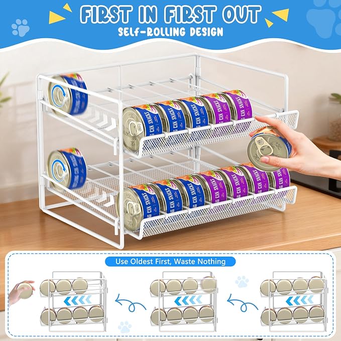 Cat Food Can Organizer 2-Tier Can Organizer for Pantry 56 Cans 3.5oz | White metal 2-tier cat food can organizer,Holds 56 cans 3.5oz,Adjustable pantry countertop storage for kitchen counter - Image 4