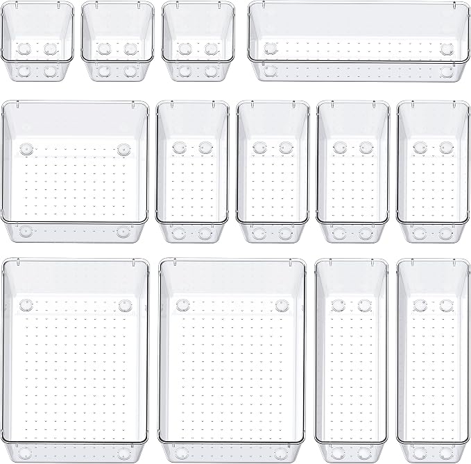 SMARTAKE 13-Piece Drawer Organizers with Non-Slip Silicone Pads, 5-Size | Clear Desk Bathroom Drawer Organizer Trays Storage Tray for Makeup, Jewelry, Utensils in Bedroom Dresser, Office and Kitchen - Image 9